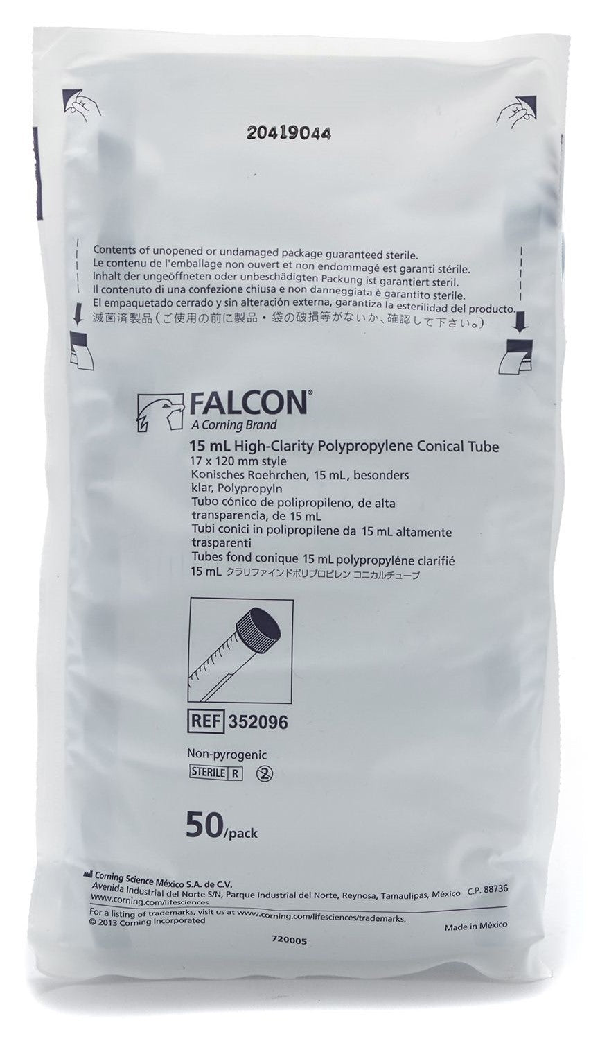 TUBO PARA CENTRÍFUGA 15mL ESTÉRILES MARCA FALCON® 50pzs